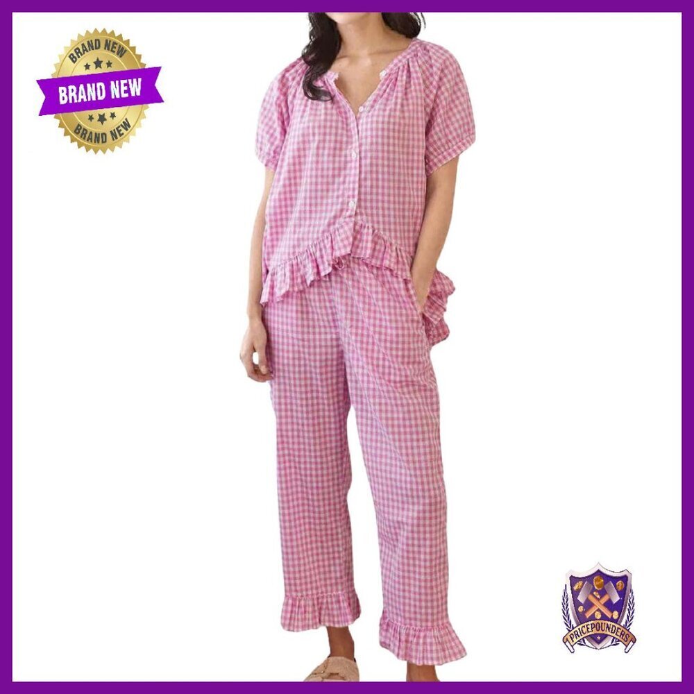 Soft Gingham Pajama Set - 2 Piece Lounge Wear with Ruffle Hem